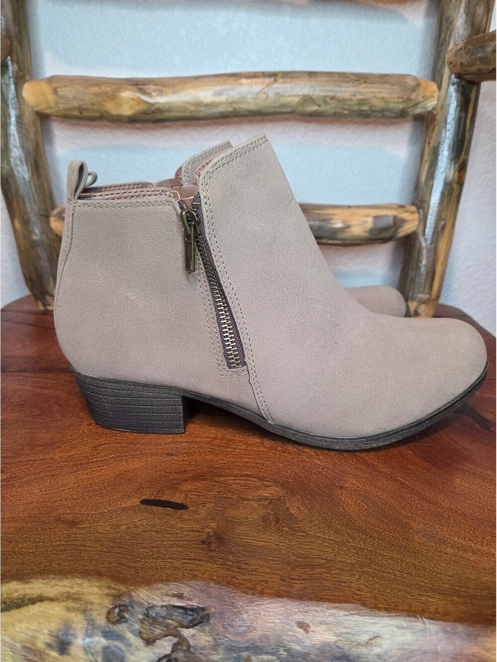 Dunes Beige Suede Ankle Boots with Side Zipper, 8.5W